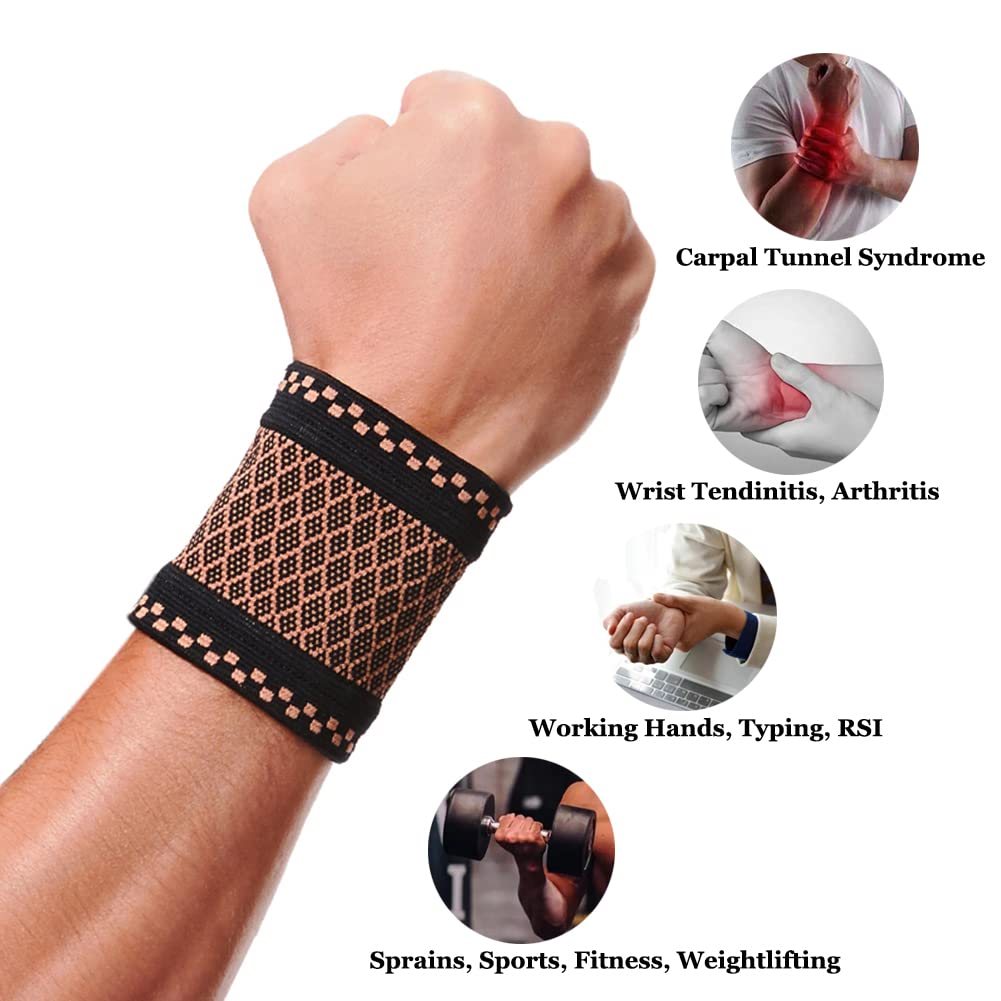 Copper Wrist Compression Brace (2Pcs), Elastic Wrist Support Sleeve Wrist Braces For Tendonitis, Arthritis, Carpal Tunnel Pain Relief, Soft Wrist Wrap Wristbands For Sport, Fitness, Workout, Typing