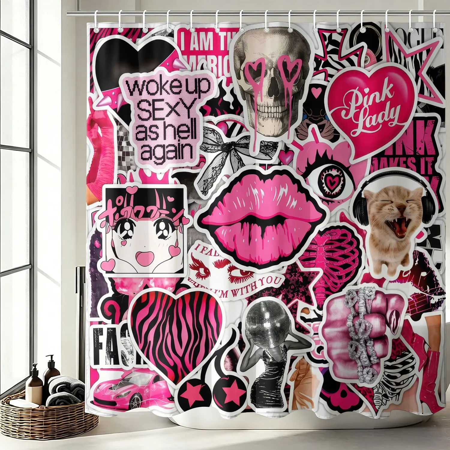 Y2K Millennium Girl Sticker Print Shower Curtain, Cool Anime Graphic, Water-Resistant & Moisture-Proof Oxford Fabric, 12 Hooks to Install, Black Pink Bathroom Bathtub Decor, Create Exclusive Gothic-Style Bathroom