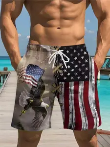 American Flag Eagle Pattern Men's Beach Shorts, Drawstring Swim Shorts, Summer Quick-Dry Casual Short Pants, Fashion All-Over Print Swim Trunks