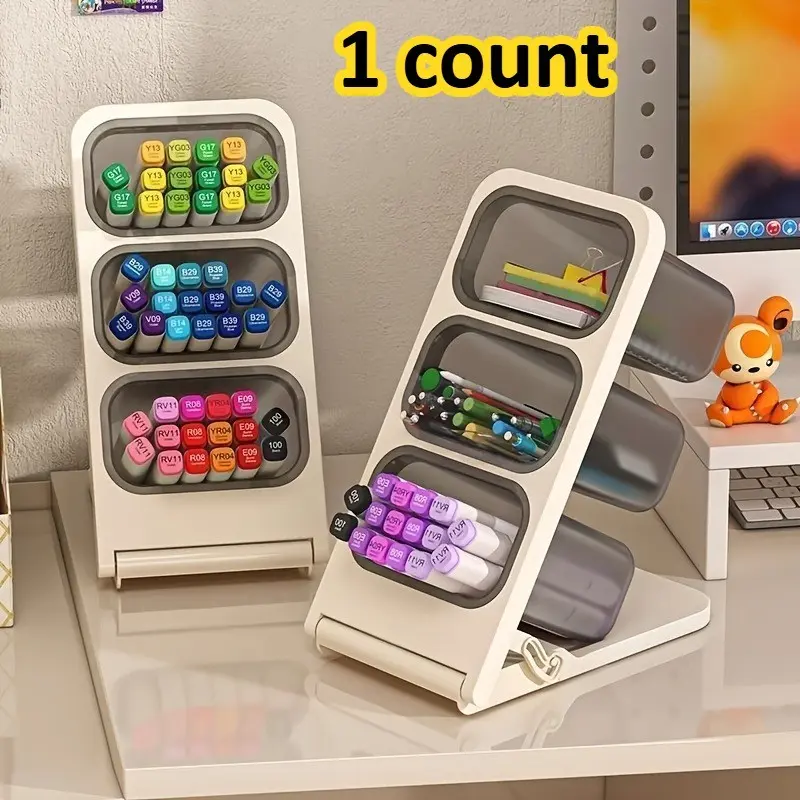Desktop Pen Holder Organizer, Foldable Cosmetic Storage Box, Large Capacity Desk Shelf, Student Office Use, Multi-Functional Pencil Case