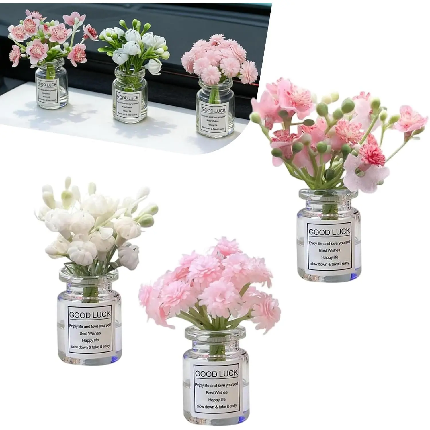 3-Count Mini Glass Daisy Vase Set - Car Dashboard Adornment, Lifelike Daisy Flowers Car Decoration, Cute Artificial Flower Automotive Interior Accessory (Multicolored)
