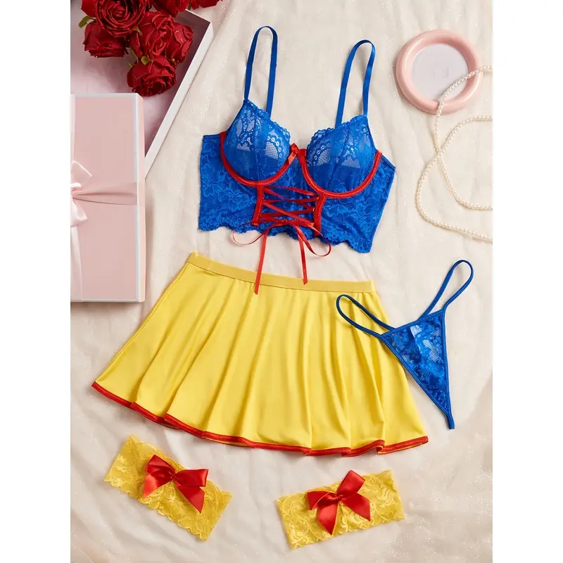 Lady's 4-Piece Princess Costume Lingerie Set - Sexy Cosplay Look Lingerie Underwear Sets with Polyester Floral Lace Underwire Bustier, Sheer Short Skirt, Leg Rings, Cold Wash Compatible