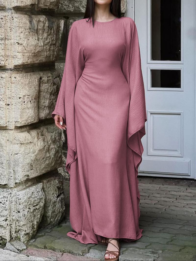 Women's Solid Color Loose-Fitting Batwing-Sleeve Long Dress, Casual Summer Woven Fabric Dress, Perfect for Relaxed Outings