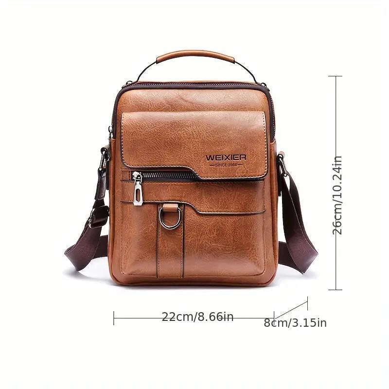 WEIXIER Men's PU leather shoulder bag, retro fashion, classic style, multiple compartments, adjustable shoulder strap, messenger bag, crossbody bag, casual handbag, travel, backpack, business trip, daily commuter bag for men and women