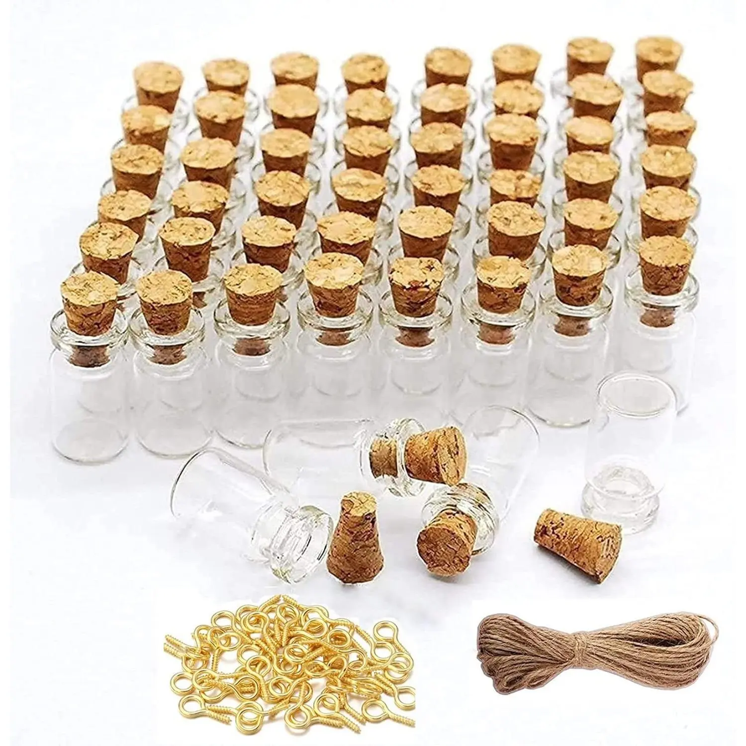 100 Pcs 0.5ml Clear Mini Glass Bottles with Cork Stoppers Eye Screws, 20M Twines Tiny Glass Vials Jars for DIY Arts Crafts Projects Party Decoration Favors Gifts