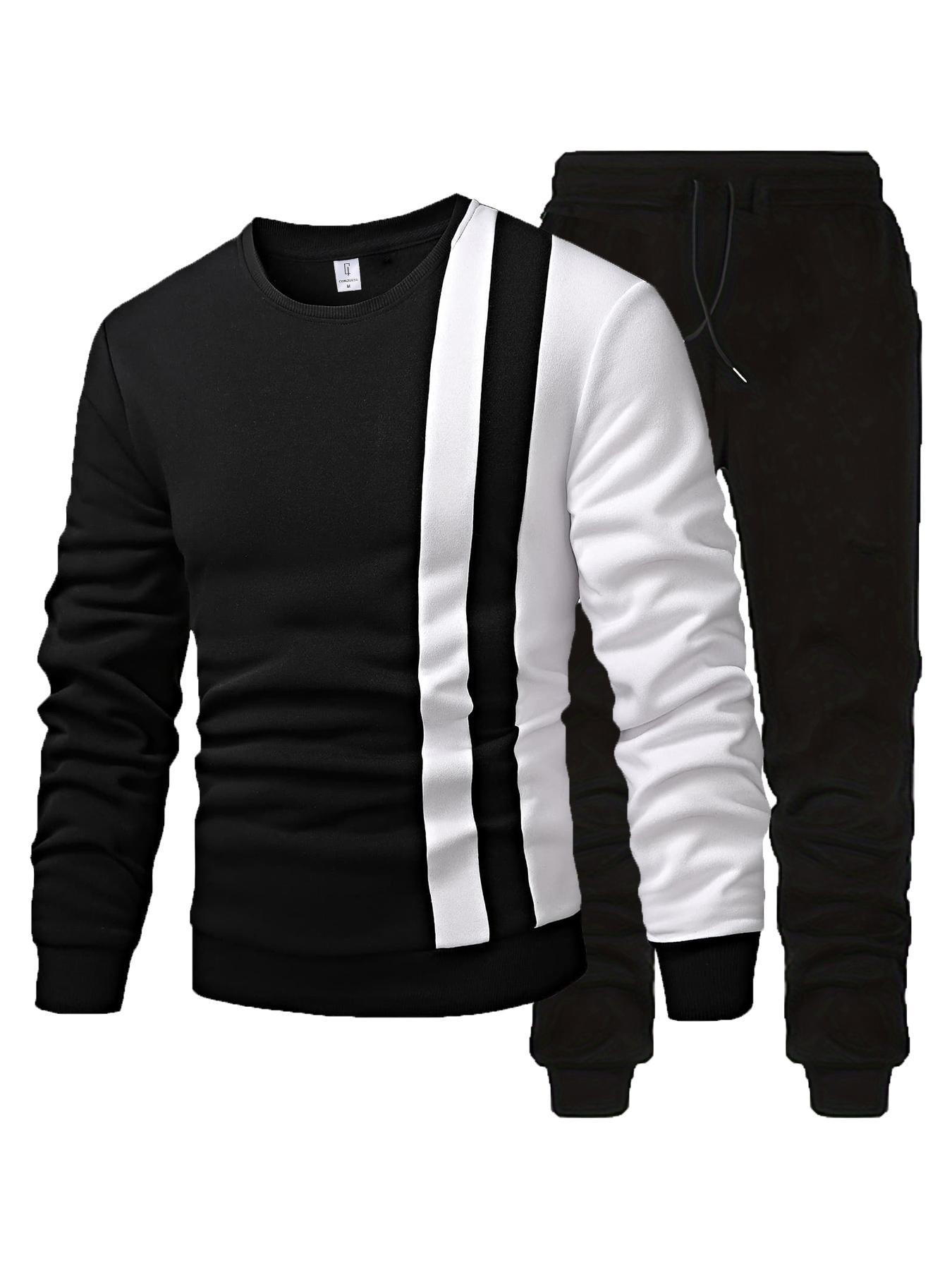 Men's Patchwork Letter-Print Sweatshirt & Drawstring Waist Sweatpants Set, Casual Round Neck Long Sleeve Pullover & Jogger Pants with Pockets, Matching Two-piece Outfits, Sweatsuit Matching Set for Fall & Winter