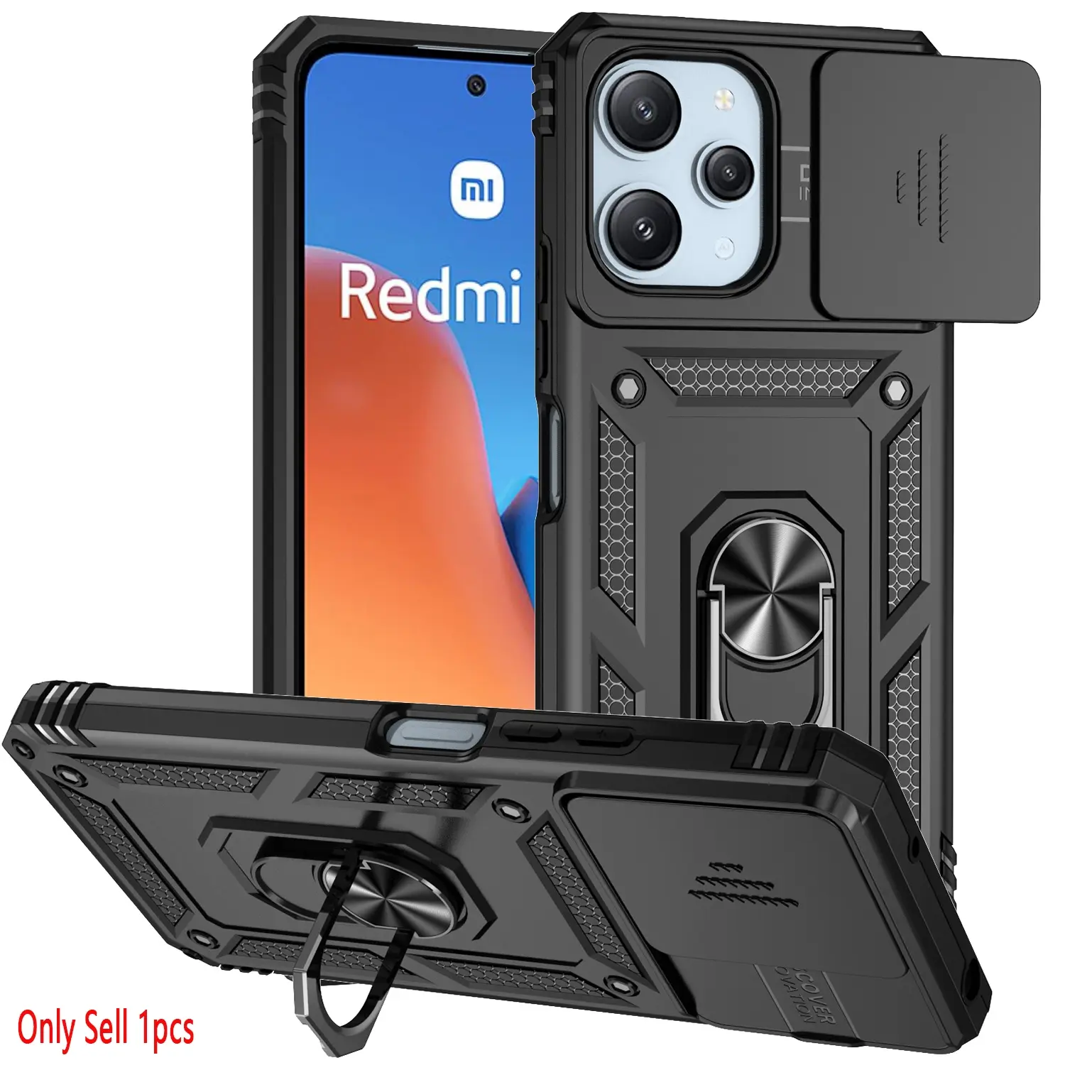 Case for Xiaomi Redmi 12 4g Shockproof Full Cover, Rotating Magnetic Ring Stand, Dust Proof Lens Cap for Xiaomi Redmi 12 4g Phone Case