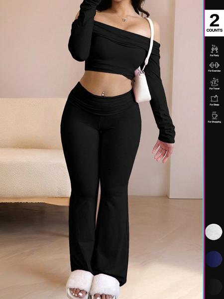 Women's Two-Piece Set, Off-The-Shoulder Long Sleeve Crop Top & Pants, Solid Color for Casual Wear, Stylish Women's Clothing,Airport Outfit