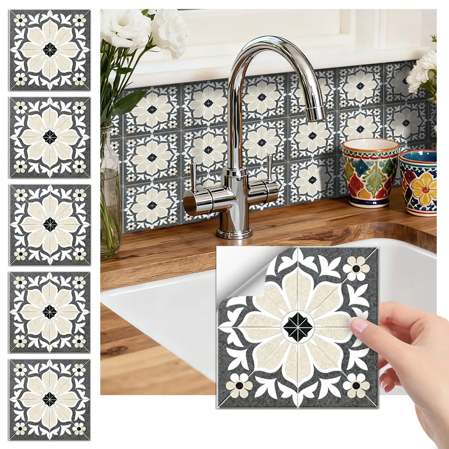 Decorative Moroccan Tile Stickers, Waterproof Removable Backsplash, Flat Sticker Type, Wall Decal for Easy Application