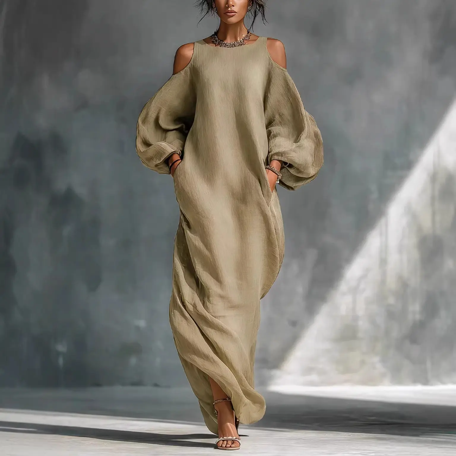 Plus size women's autumn summer new fashion high quality long sleeve off shoulder mid waist pullover dress green elegant casual daily wear plus size ladies trendy midi dress for vacation party