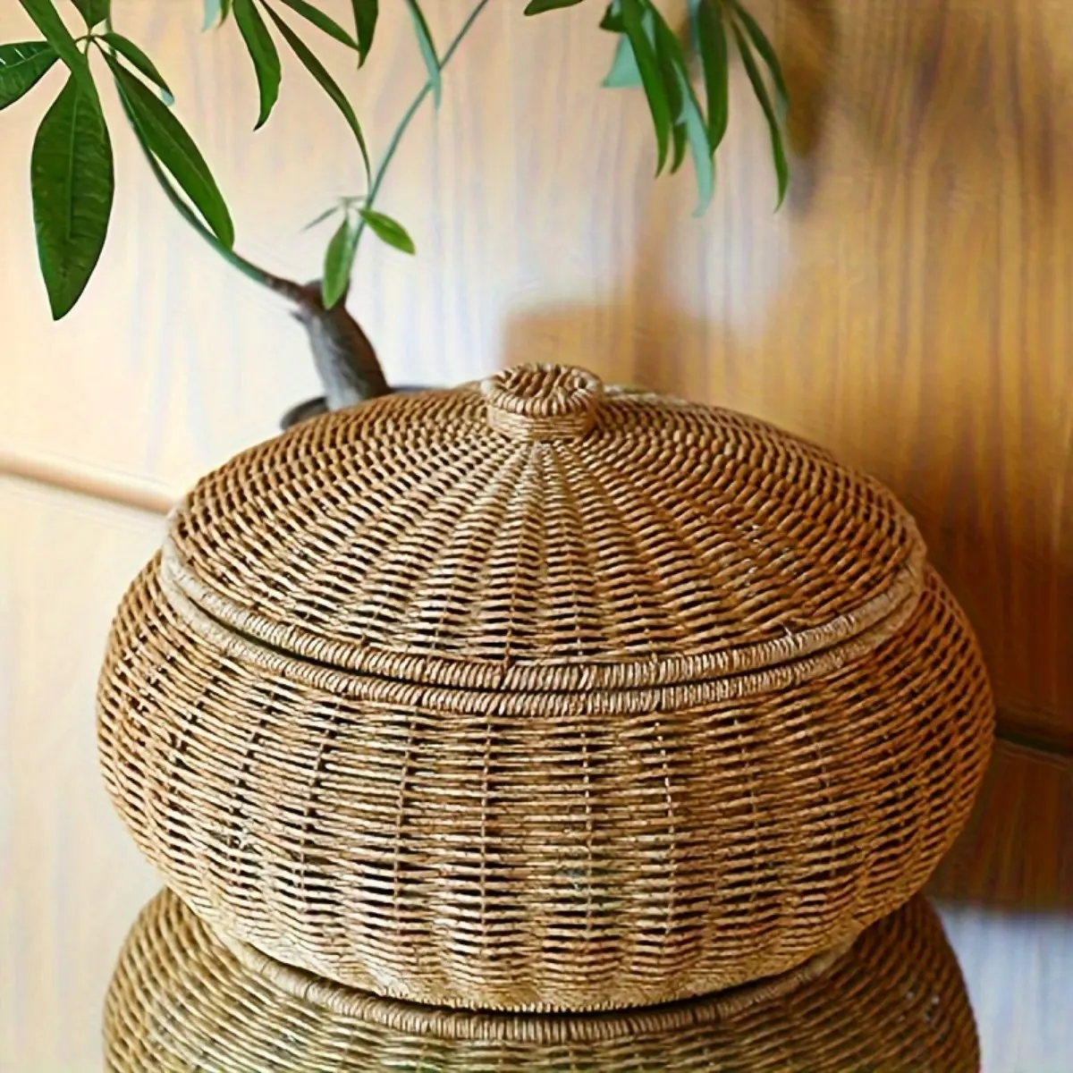 An Antique-Style Woven Plastic Dustproof Storage Basket with Lid — A Multifunctional Woven Plastic Organizer, Dustproof Organizers, and Dust-Proof Shelf Basket