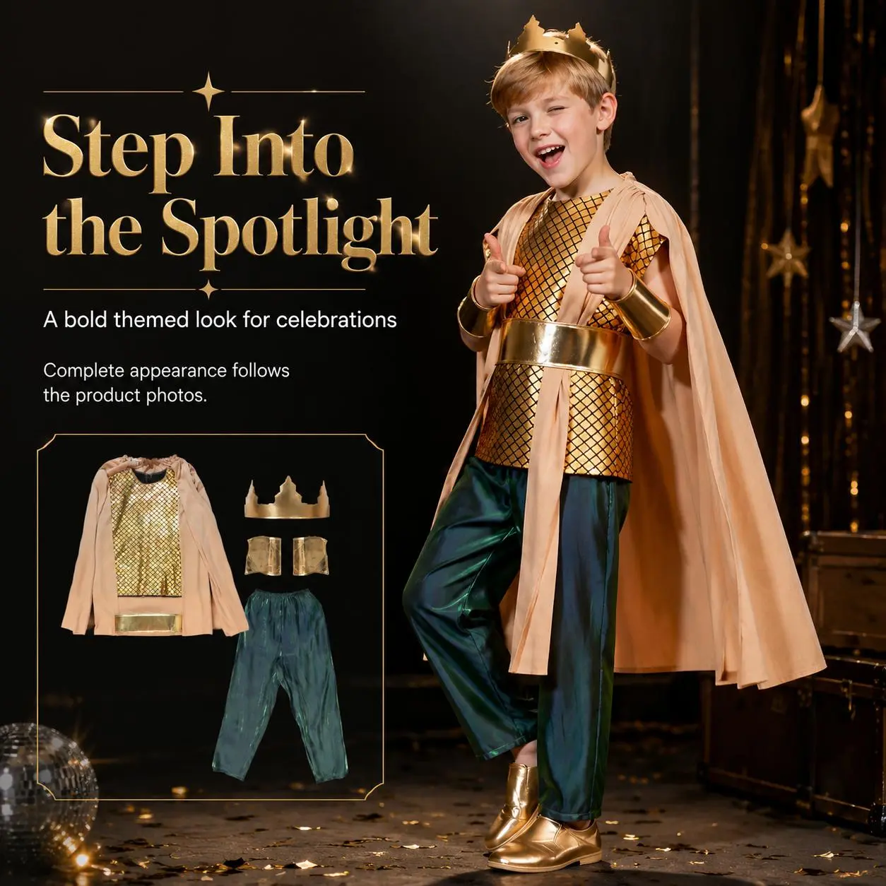 Boys' Medieval Ocean Monarch 6-Piece Costume - Soft Breathable Fabric Long Sleeve Golden Scale Shirt, Flowy Cape, Adjustable Gold Accessories Kit for Carnival, Stage Performances, Long Sleeve Shirt