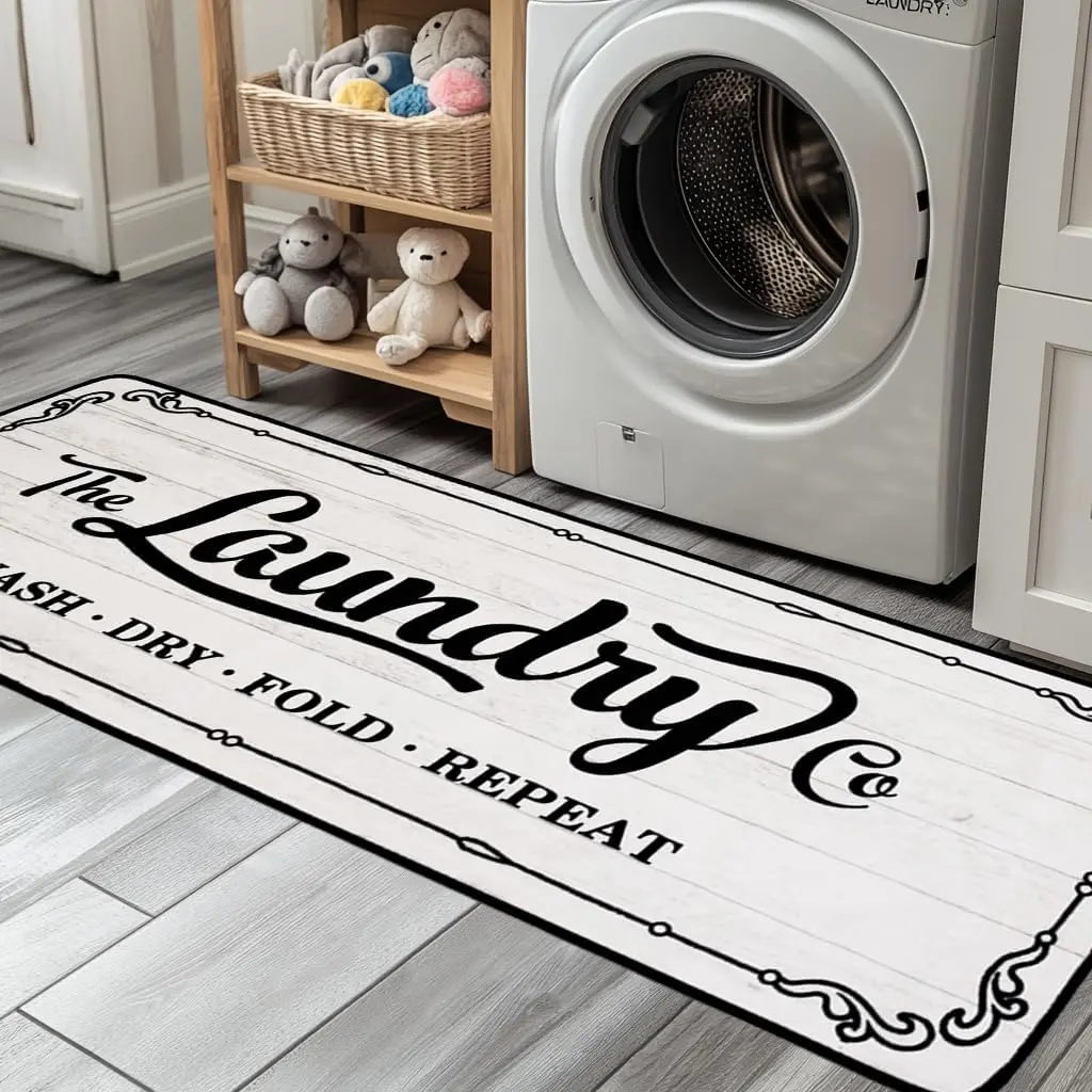 Laundry Room Rug Runner 20"X49" TPR Non Slip  Laundry Rugs for Laundry Room Decor Washable Runner Rugs for Kitchen Floor Mudroom and Bathroom-White