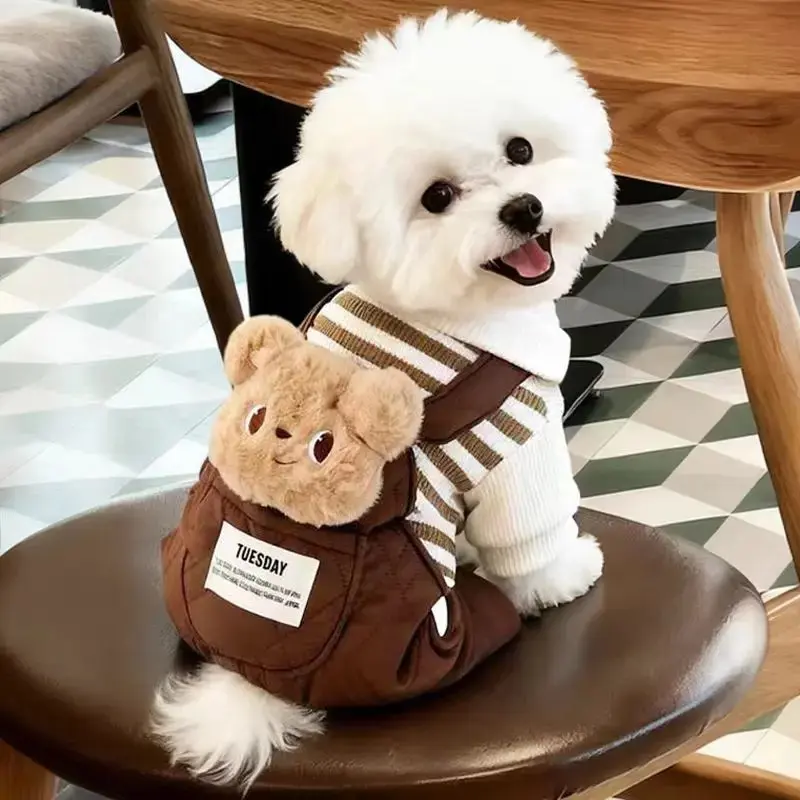 Super warm 3D cartoon dog winter jumpsuit, thickly padded workwear, with practical pockets, suitable for small dogs and puppies, made of arctic fleece cotton blend fabric