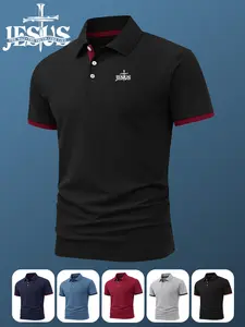 Men's Golf Polo Shirt with Jesus Cross Print, Stretchy Casual Breathable All-Season Comfortable High-End Collared Shirt