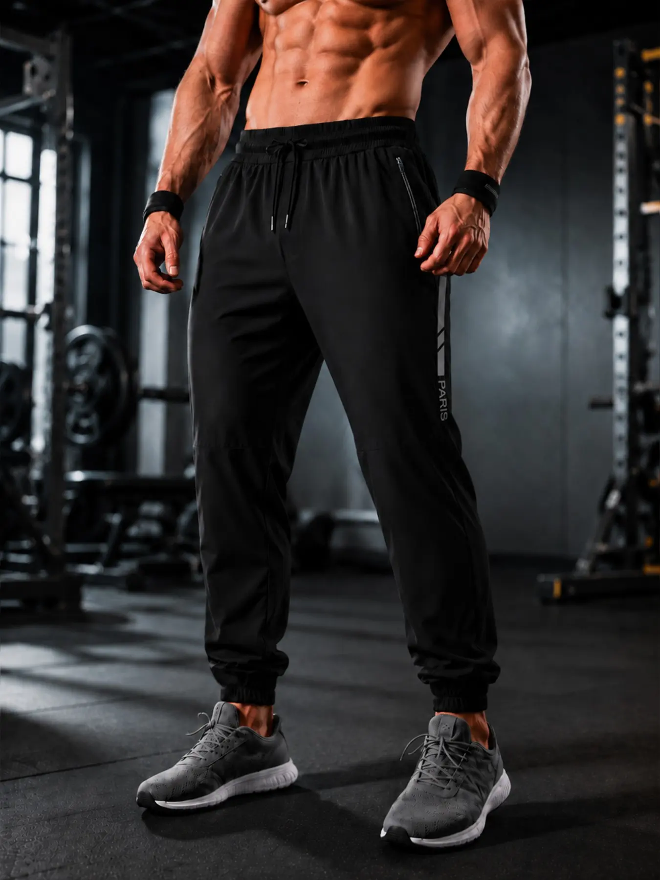 Men's Professional Fitness Pants, Plain Color with Side Stripes, Drawstring Waist, Elastic Cuffs, Breathable, All Season Running Pants