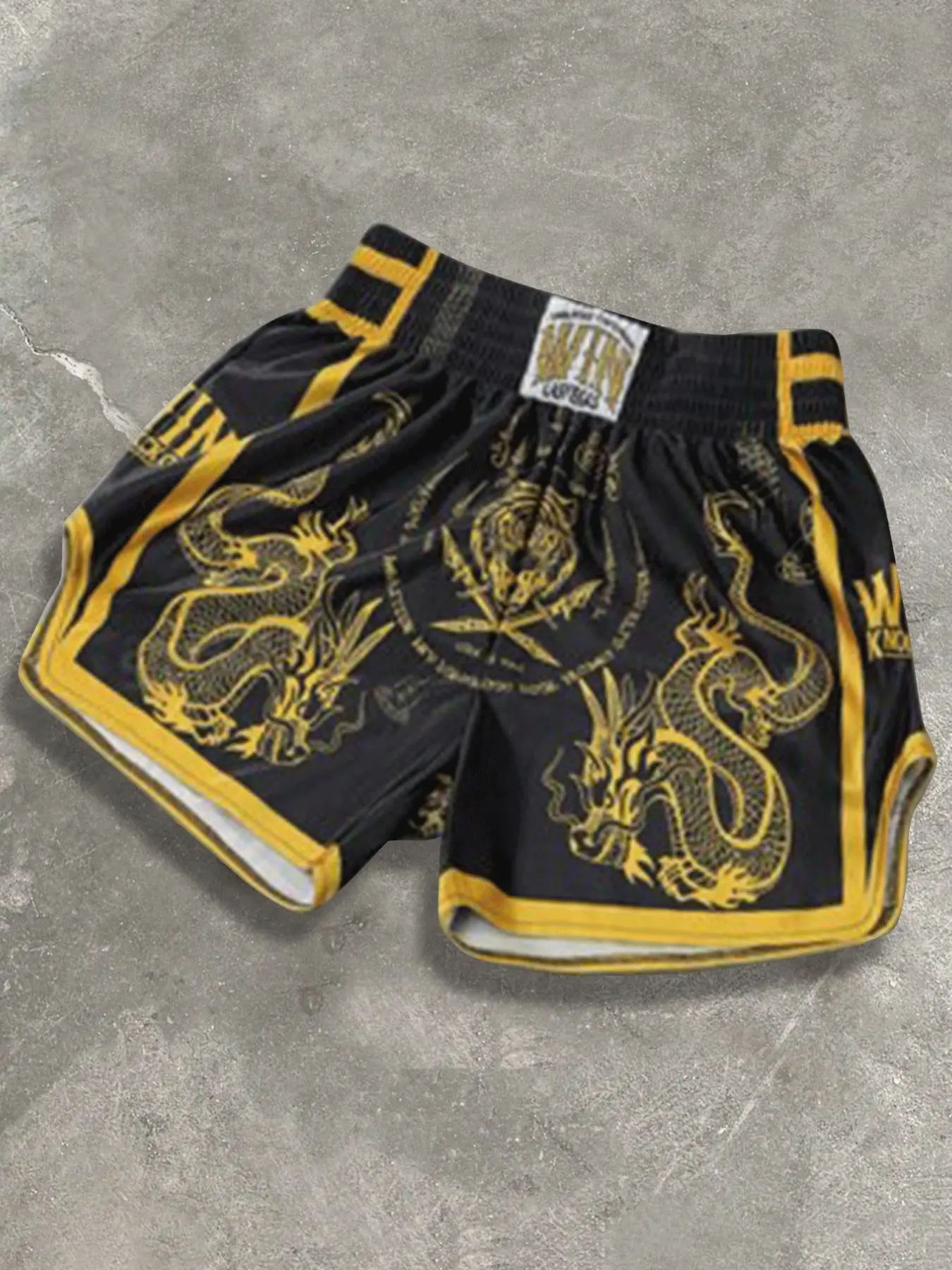 Men's Vintage Thai Dragon Sak Yant Print Muay Thai Shorts, Streetwear Elastic Waist Satin Fight Shorts, Oriental Traditional Martial Arts Aesthetic & Shiny Satin Fabric, Versatile Daily Workout Streetwear Kickboxing Shorts for Men, Drawstring Track Shorts