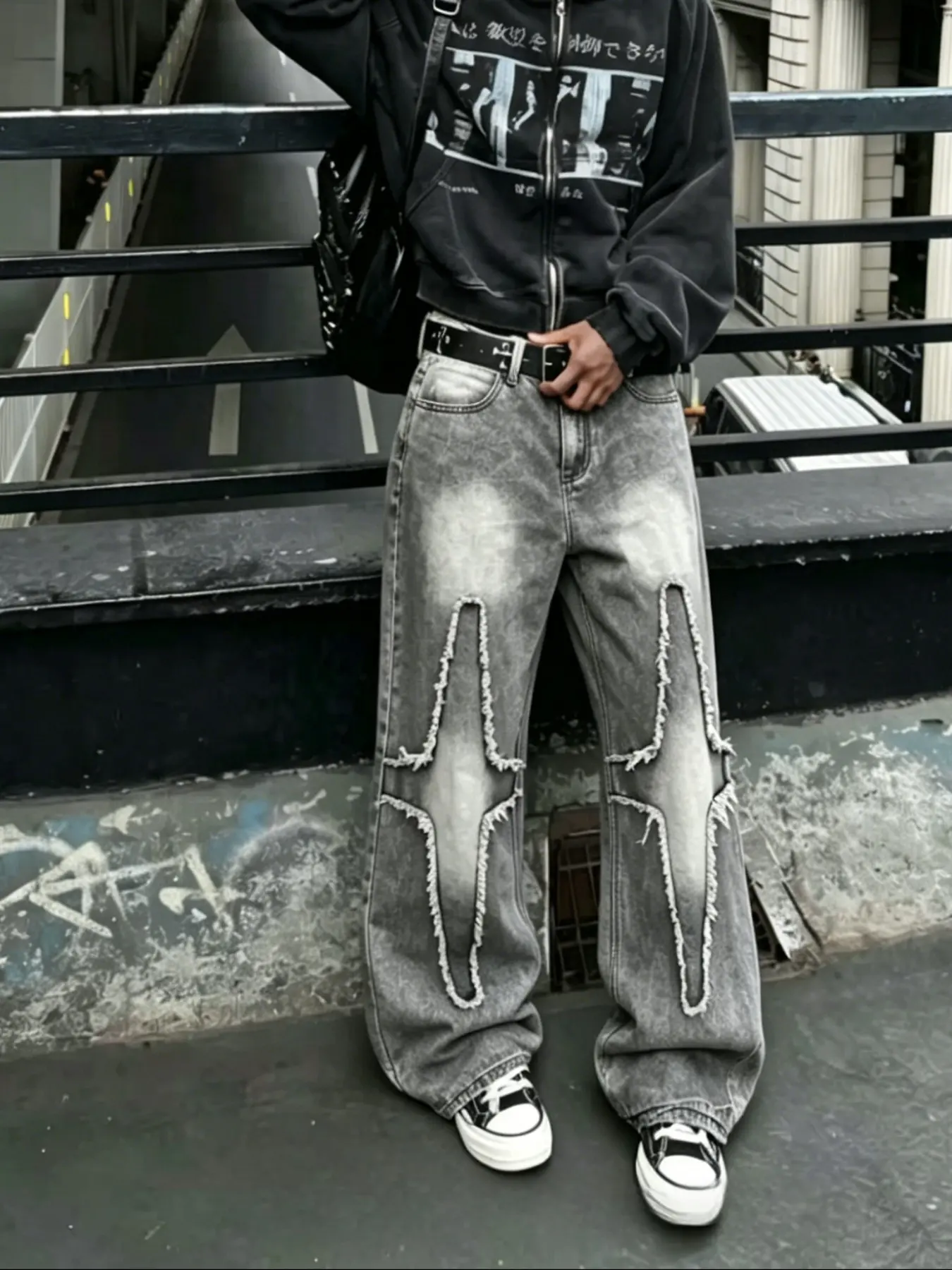American Vintage Distressed Ripped Cross Fringe Patchwork Jeans for Men, Loose Wide Leg Street Style Long Pants, Trendy Fashion