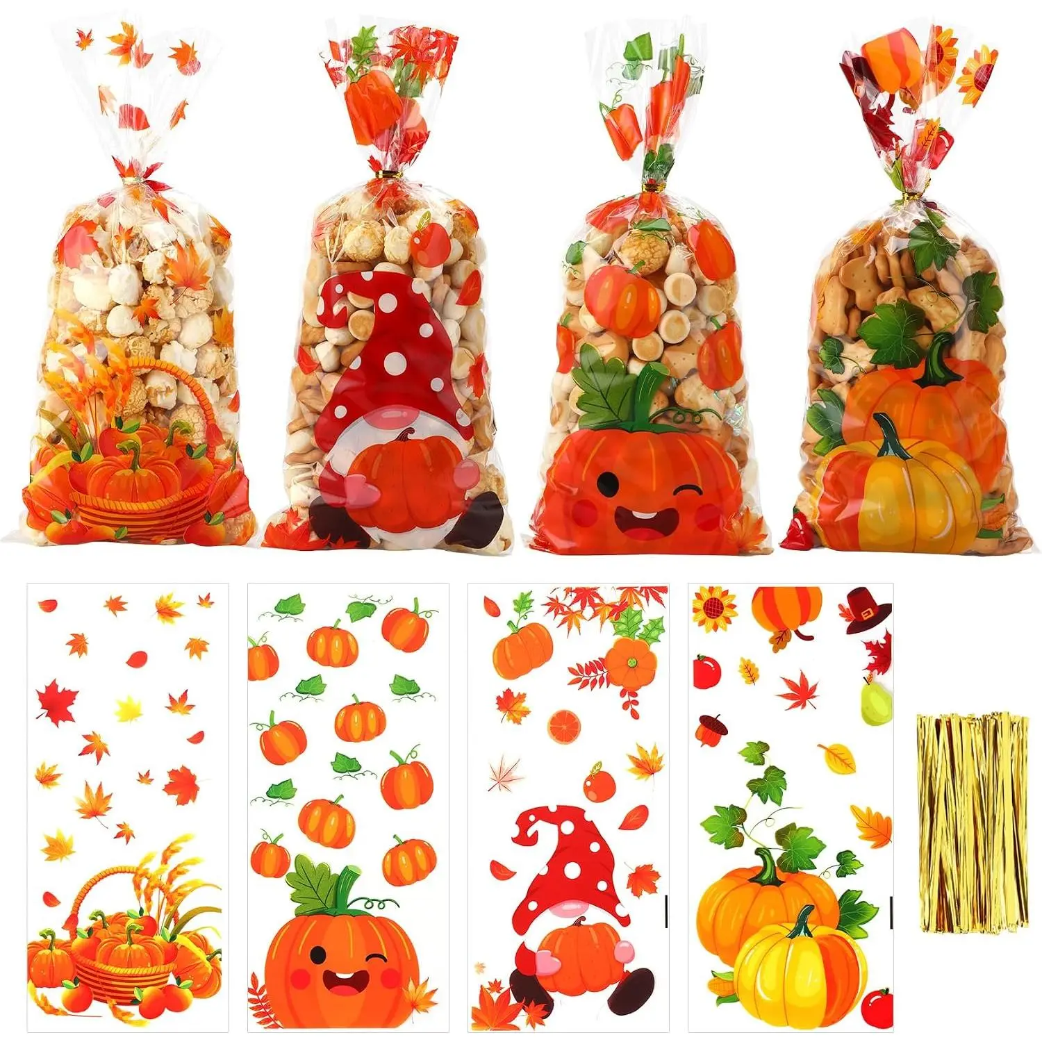Thanksgiving  Bags, 100 count Fall Maple Leaves Cellophane Candy Bag with Twist Ties, Plastic Clear Thanksgiving Goodie Bag for Autumn Thanskgivings Theme Holiday Party Favor Supplies(4 Styles)
