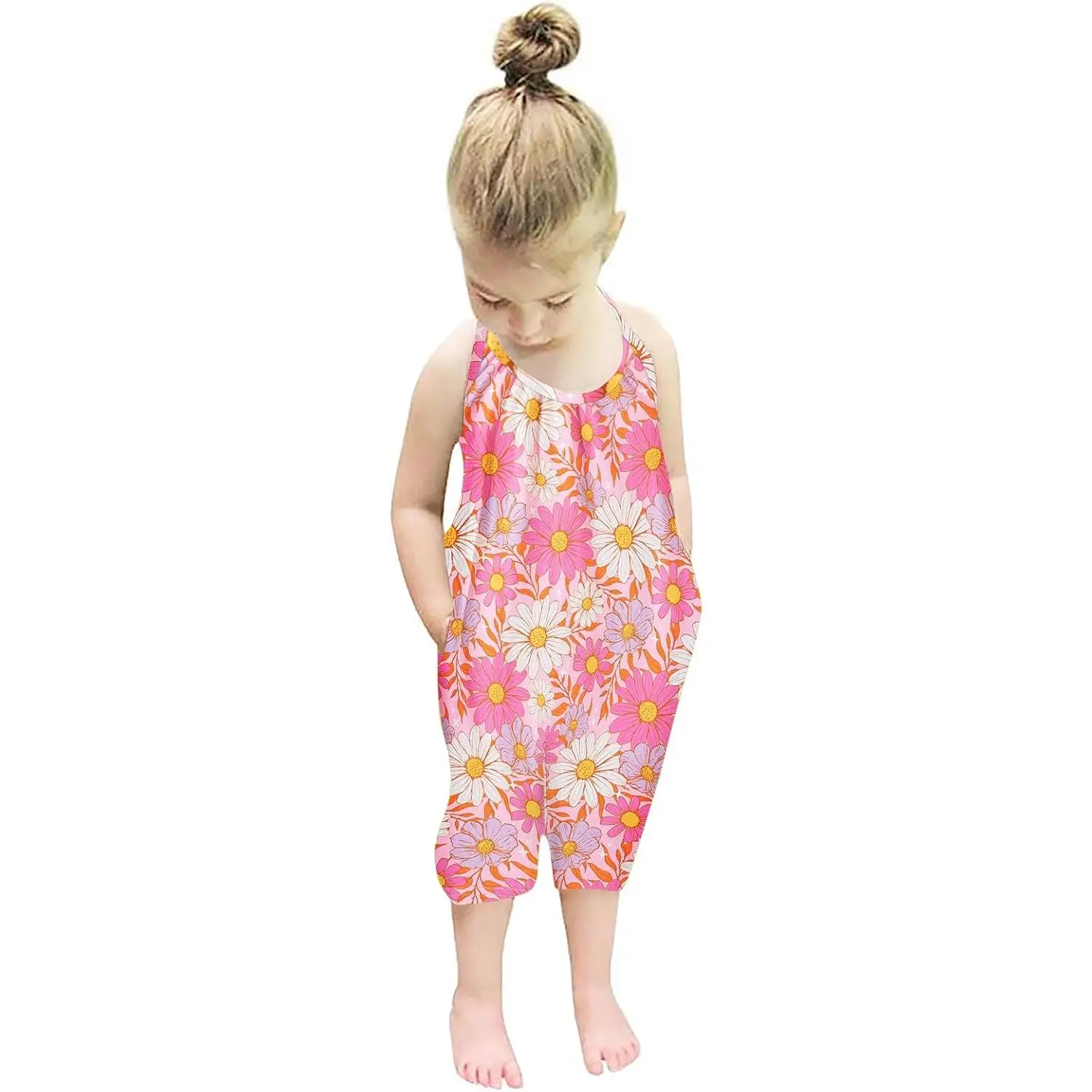 Backless Strap Slouch Jumpsuit for Toddler Girls Cute Harem Halter Romper Pants with Pockets