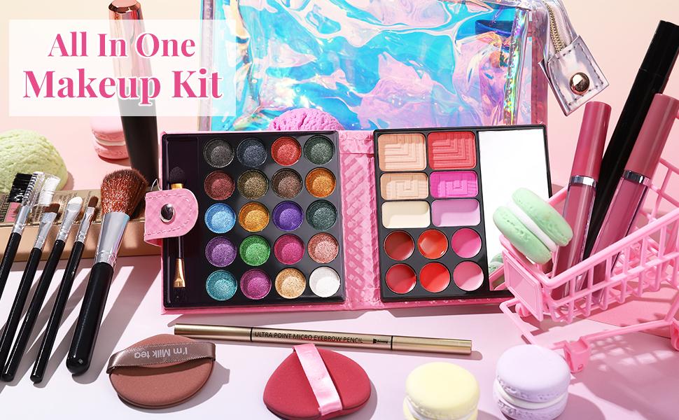 Makeup Set for Women Full Kit - 32 Colors Makeup Palette,5pcs Brushes Set, Mascara & Stamp Liquid Eyeliner, Eyebrow Pen, 2pcs Matte Liquid Lipsticks, 2 Powder Puff, 1 Cosmetic Bag Makeup Gift Set
