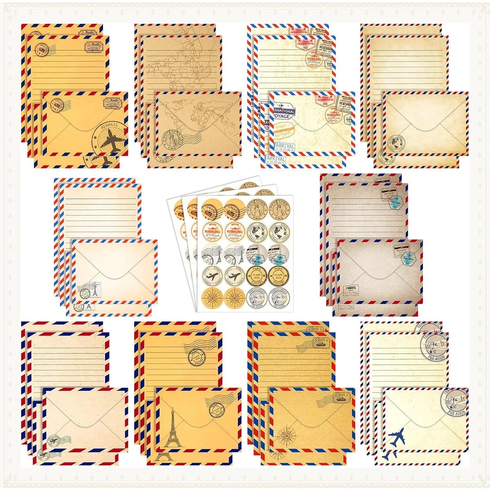 160 Pcs Vintage Airmail Stationery Paper & Envelopes Set - 50 Double-Sided Lined Sheets, 50 Matching Envelopes, 60 Round Dot Stickers, 5.5 x 8.25 Inch Letter Writing KitGift