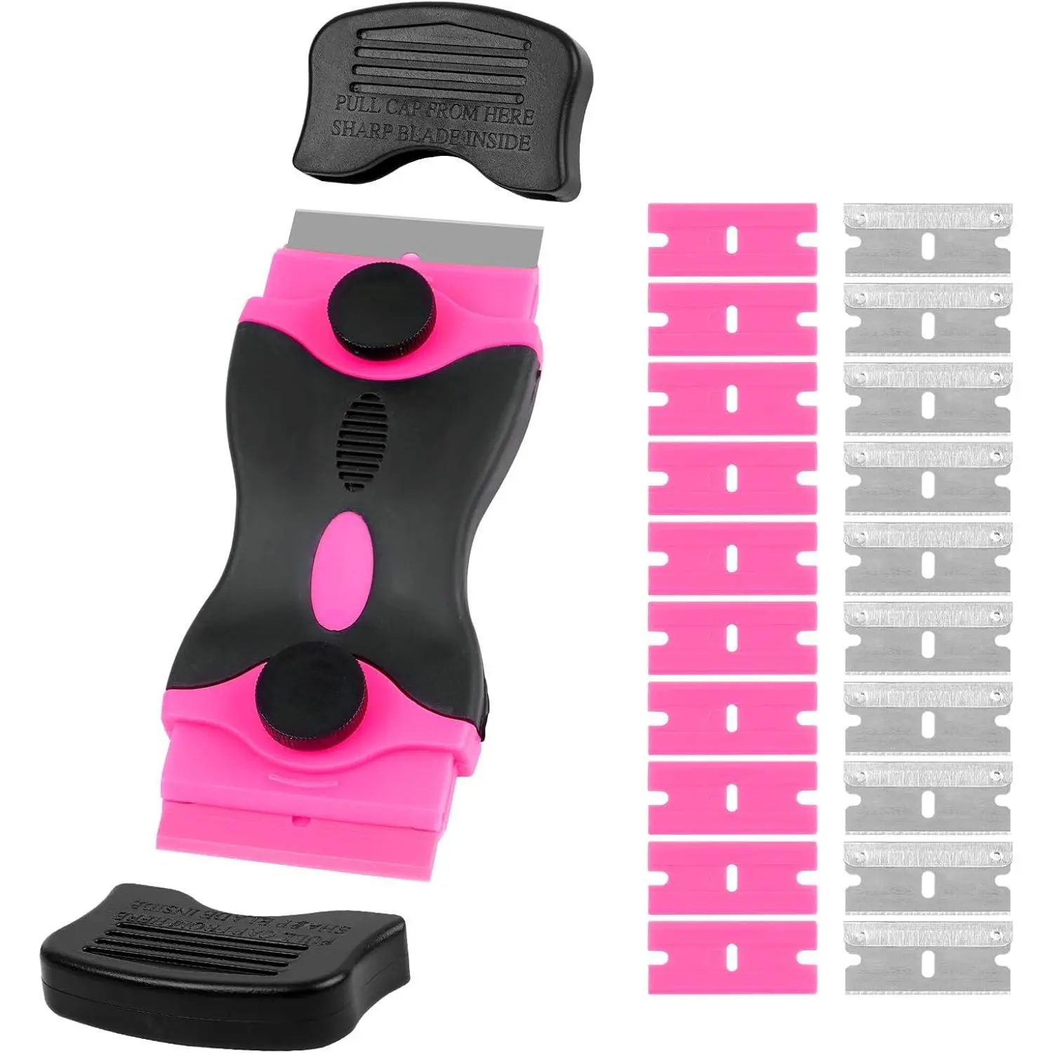 2-in-1 Razor Blade Scraper Tool with 20 Pcs Replacement Blades, Double-Ended Scraper with Plastic and Metal Blades for Glass Stovetop, Window, Stickers, Labels, Decals & Adhesive Removal, Pink