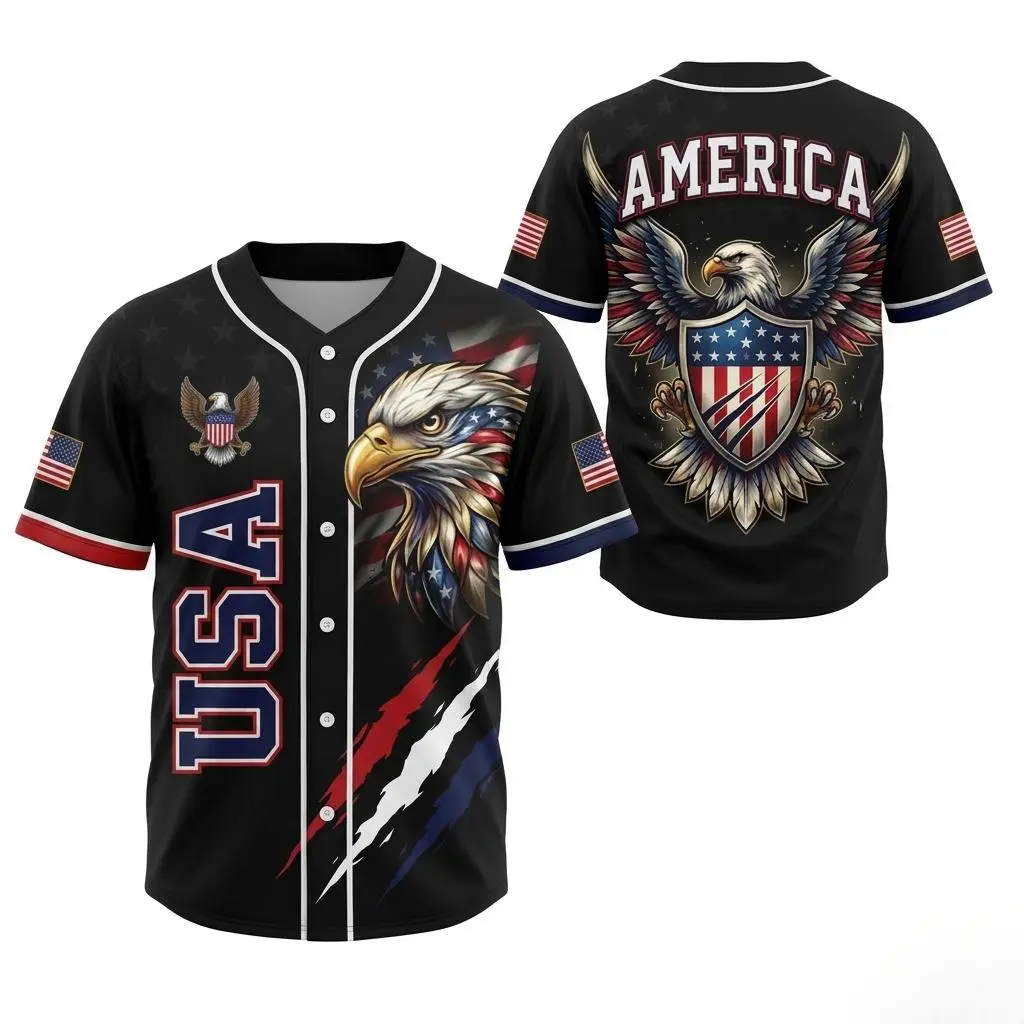 Delivered after July 4th-USA Eagle All Over Print Baseball Jersey, Patriotic Button Up Shirt, USA 250 Years Baseball Jersey, 1776–2026 Semiquincentennial Patriotic Jersey