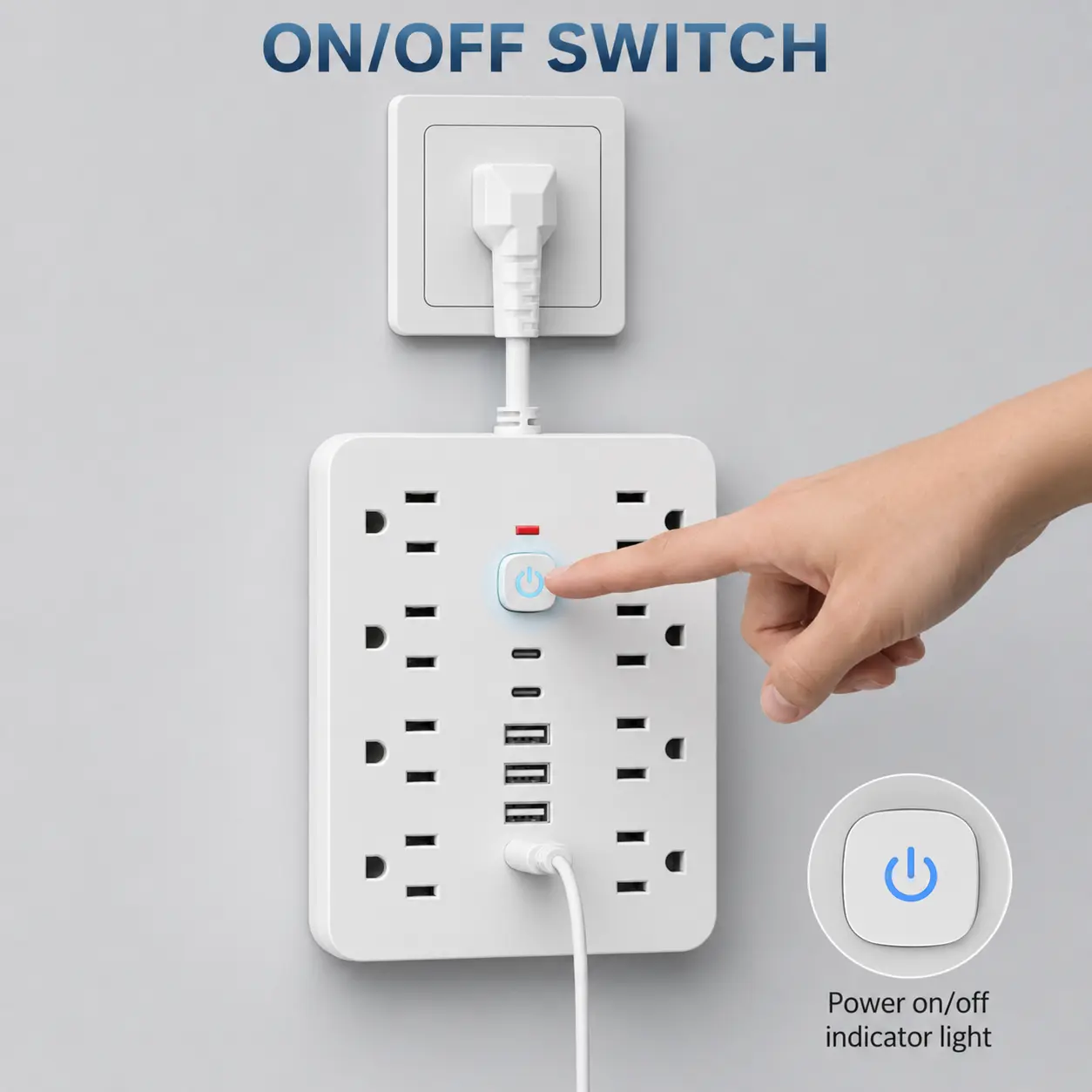 Rectangular 14-in-1 Multifunctional Surge Protector Power Strip with Switch, 8 AC Outlets, 4 USB Ports, 2 Type-C Ports, Multi-Device Wall Outlet Extender for Home & Office, On And Off Switch