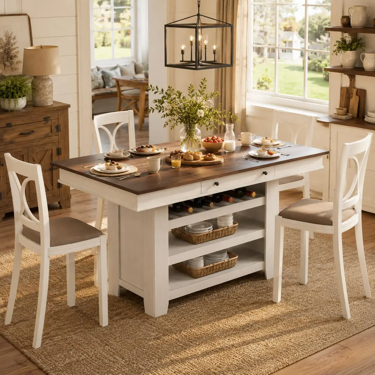 Counter Height Dining Table for 4-6 with Deepened Wine Rack, 2 Drawers, Multiple Shelves, Thick Large Wood Top in Retro Brown or Gray, Heavy Duty Bar Height Design for Kitchen, Bar, Entertaining