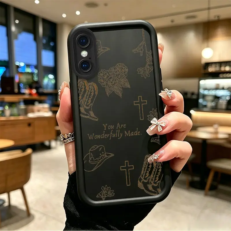 Durable TPU Silicone Shockproof Full-Cover Phone Case for iPhone X/XS/XS Max - Rustic Western Floral Cross "Wonderfully Made" Design with Celestial Eye Layer, Button Protection, BOJTLVUP Gift Idea, Mobile Phone Accessories with Resistance