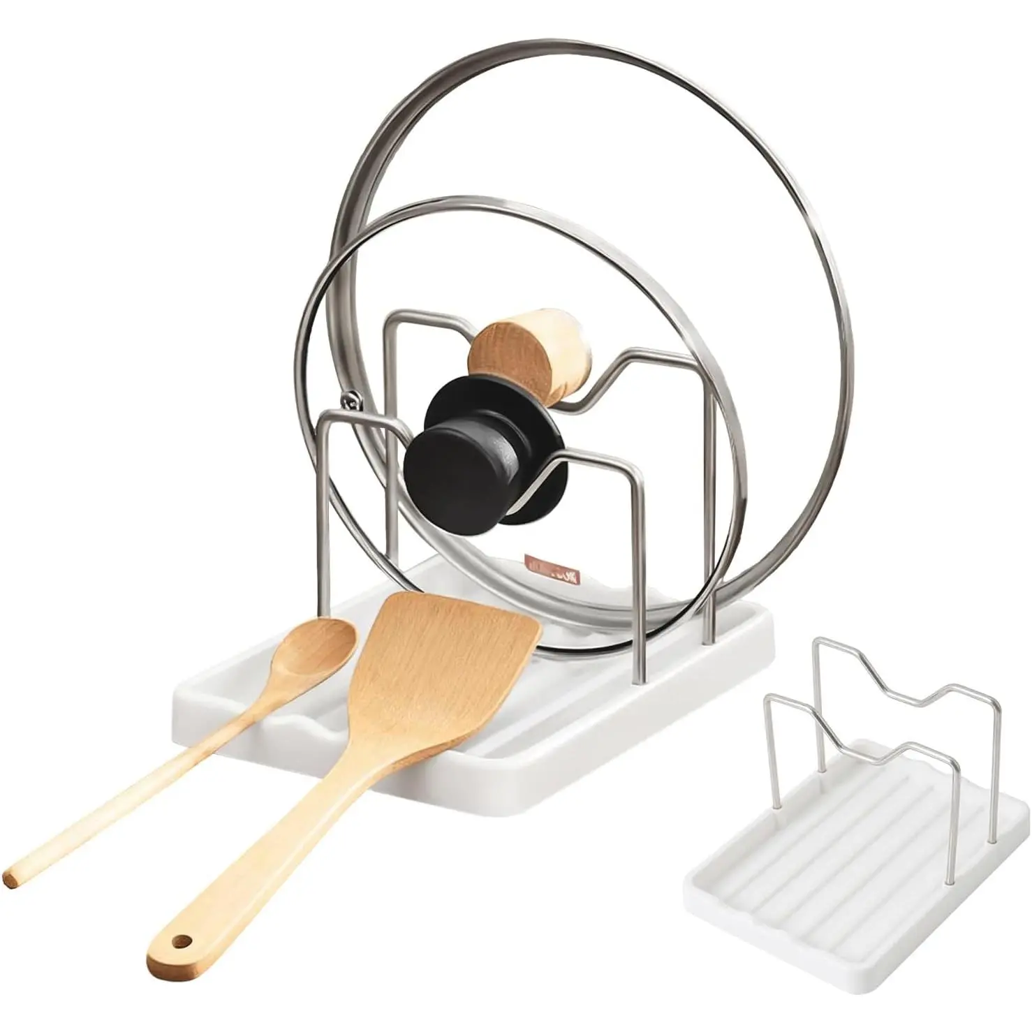 2 in 1 Pot Lid Holder & Spoon Rest for Kitchen Counter, Plastic Utensil Rest with Stainless Steel Pan Lid Holder Organizer While Cooking, Countertop Space Saving Pot Cover Rack | Easy to Clean
