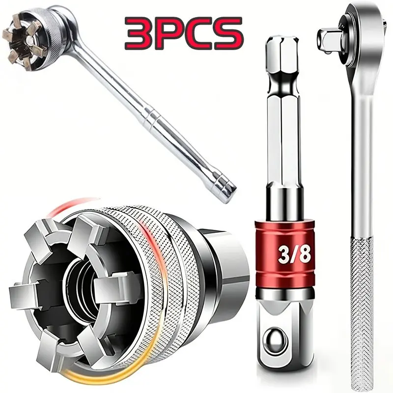 3 Piece Adjustable Universal Socket Wrench Set, 3/8" to 3/4", 10mm-19mm, Compatible with 3/8" Drive Ratchet Torque Wrench, Ideal Gift for Men