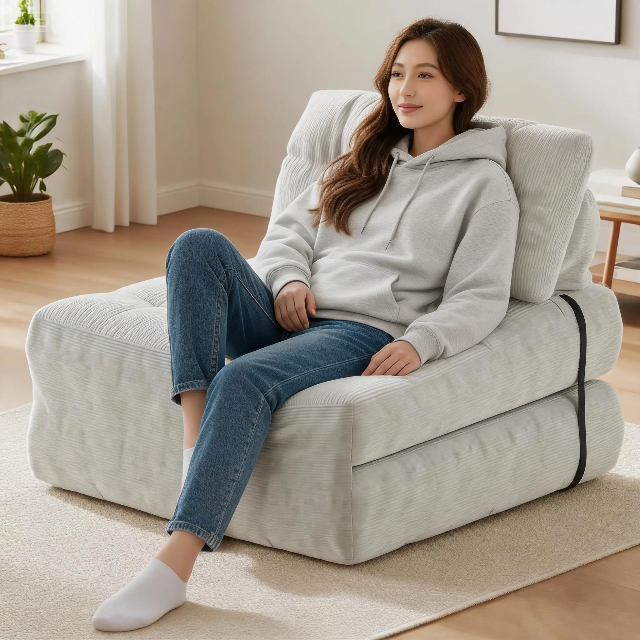 2 In 1 Convertible Corduroy Folding Sofa Bed, Multi-Position Futon Sleeper, Portable Single People Fold-Out Couch , Space-Saving Floor Lounger for Living Rooms, Beige