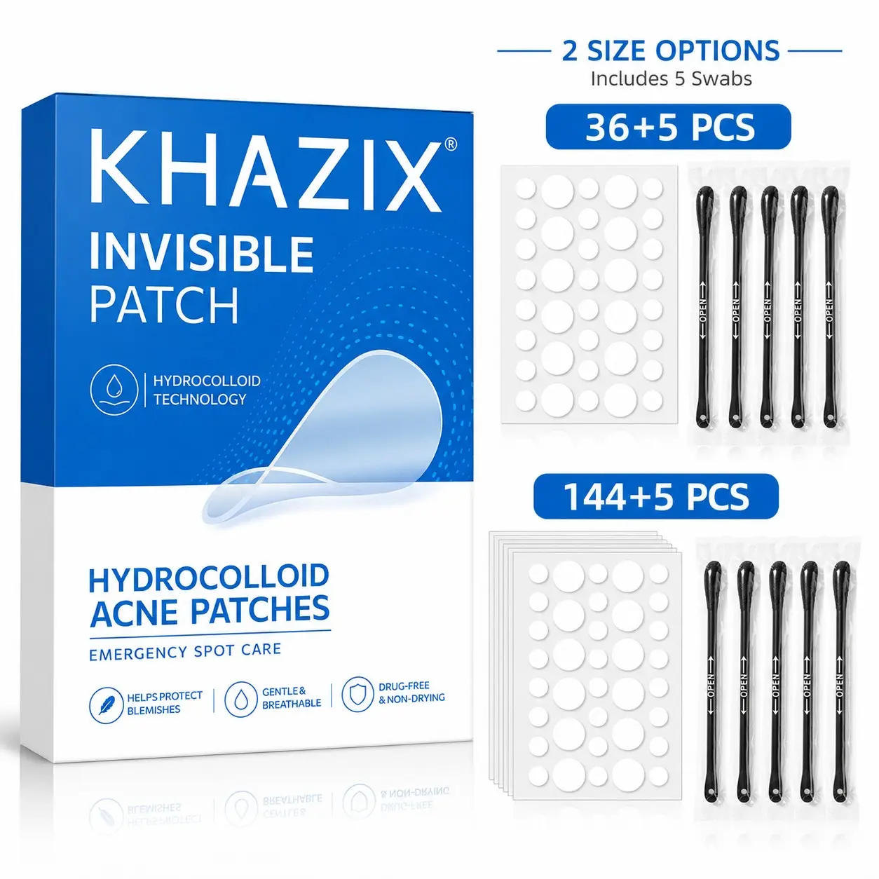 36/144 Pcs Hydrogel Acne Patches + 5 Cleansing Sticks, Invisible Transparent, Waterproof, Ultra-Thin, Daily Facial Care