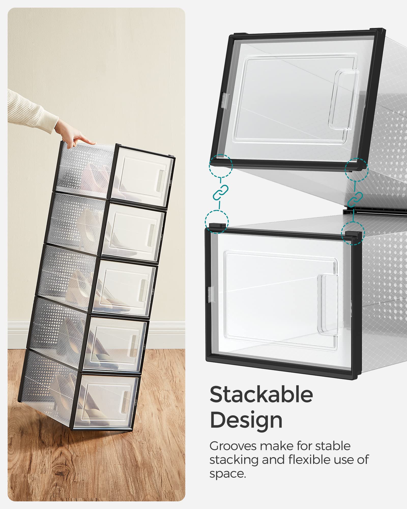 Shoe Boxes, 15pcs Shoe Organizers, Stackable Clear Plastic Shoe Boxes, Suitable for Closets And Sneakers, 13.1 X 5.5 X 9.2 Inches, Fits Up to US Size 9.5, White And Black.