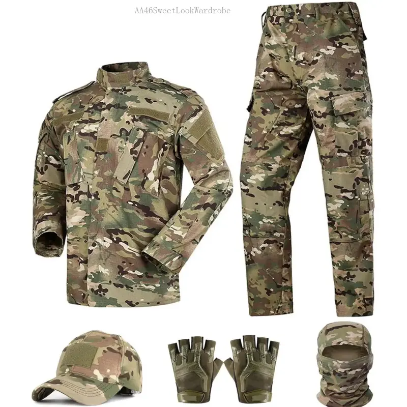 Women's Cotton Blend Camouflage Tactical Protective Uniform Set - Full-Length Cargo Combat Pants, Long-Sleeve Shirt, Cap, Gloves, Pouched Balaclava, Black Military Airsoft Elastic Workwear Uniforms