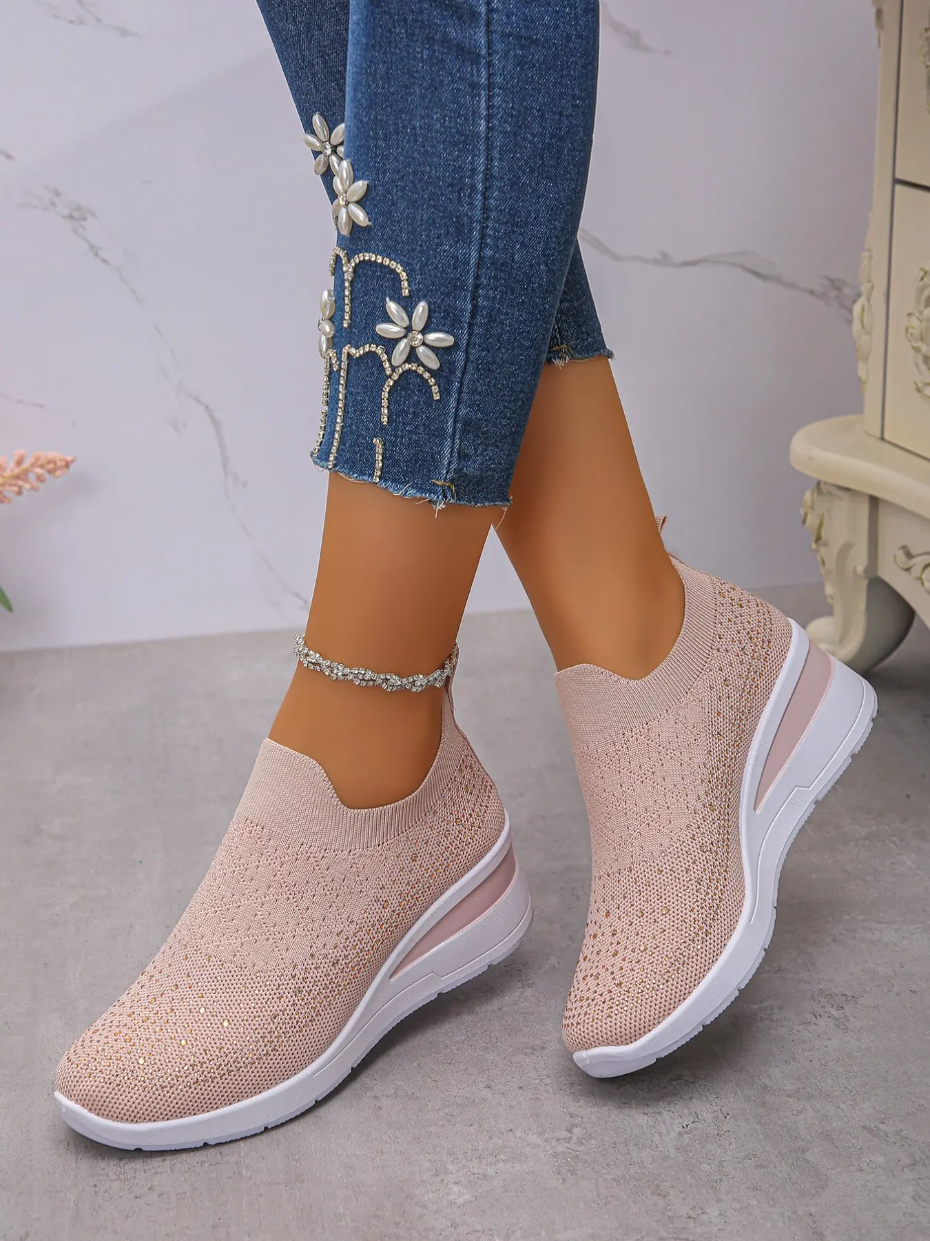 Women's Slip‑on Wedge Sneakers, Sparkly Rhinestone Knit Upper Casual Walking Shoes, Comfort Platform Wedge Heel Loafers for Daily Travel Shopping Outdoor Occasions, Multi‑Color Available