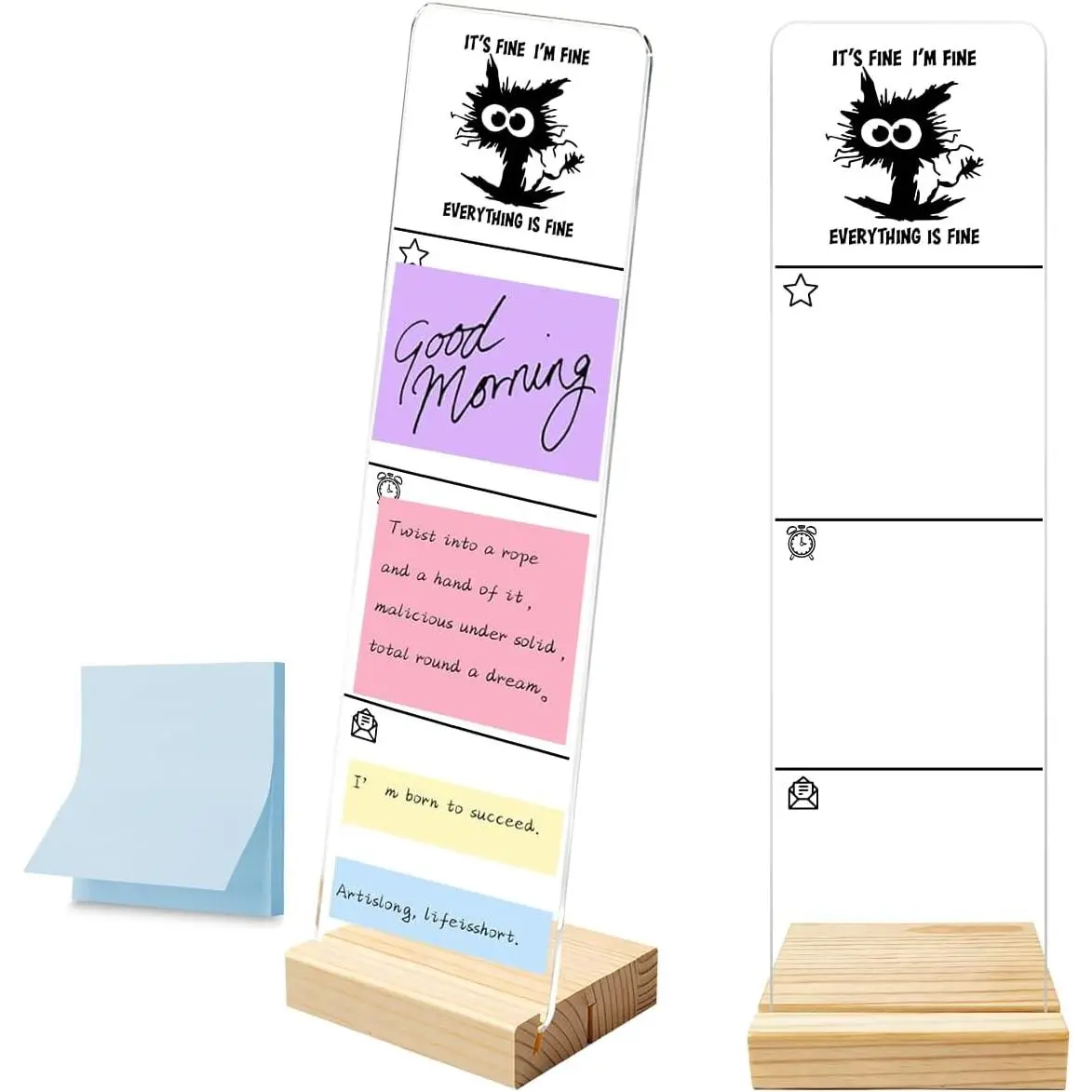 Memo Board with Removable Wooden Base  Portable Sticky Note Holder, It's Fine I'm Fine Everything is Fine Logo Office Desk Desk Set Sticky Notes 100 Sheets