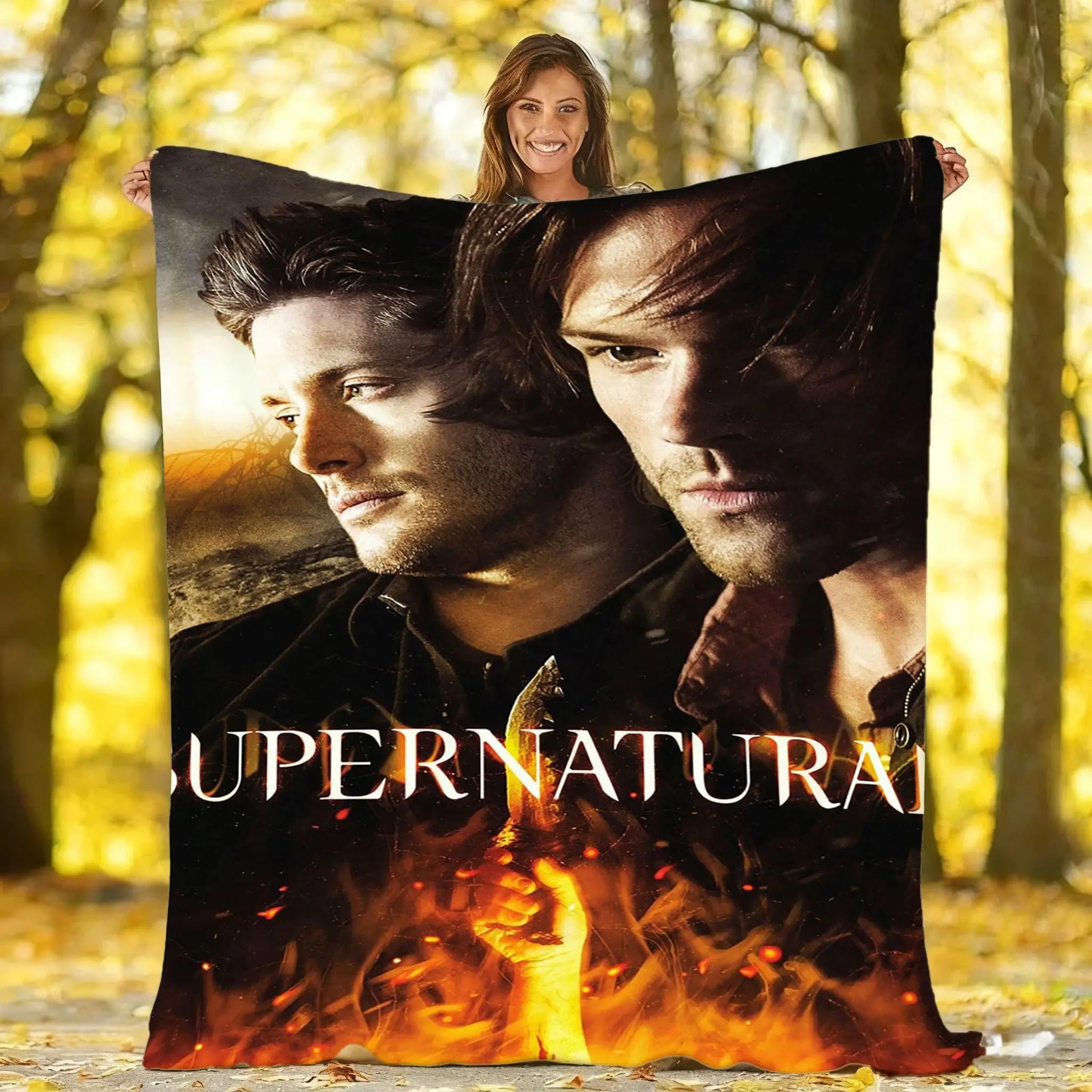 TV Show Flannel Blanket Supernatural Sam & Dean Winchester Fire Demon Knife Poster Print All Season Soft Fleece Throw Blanket Spn Fan Gaming Room Bedroom Home Decor Gift