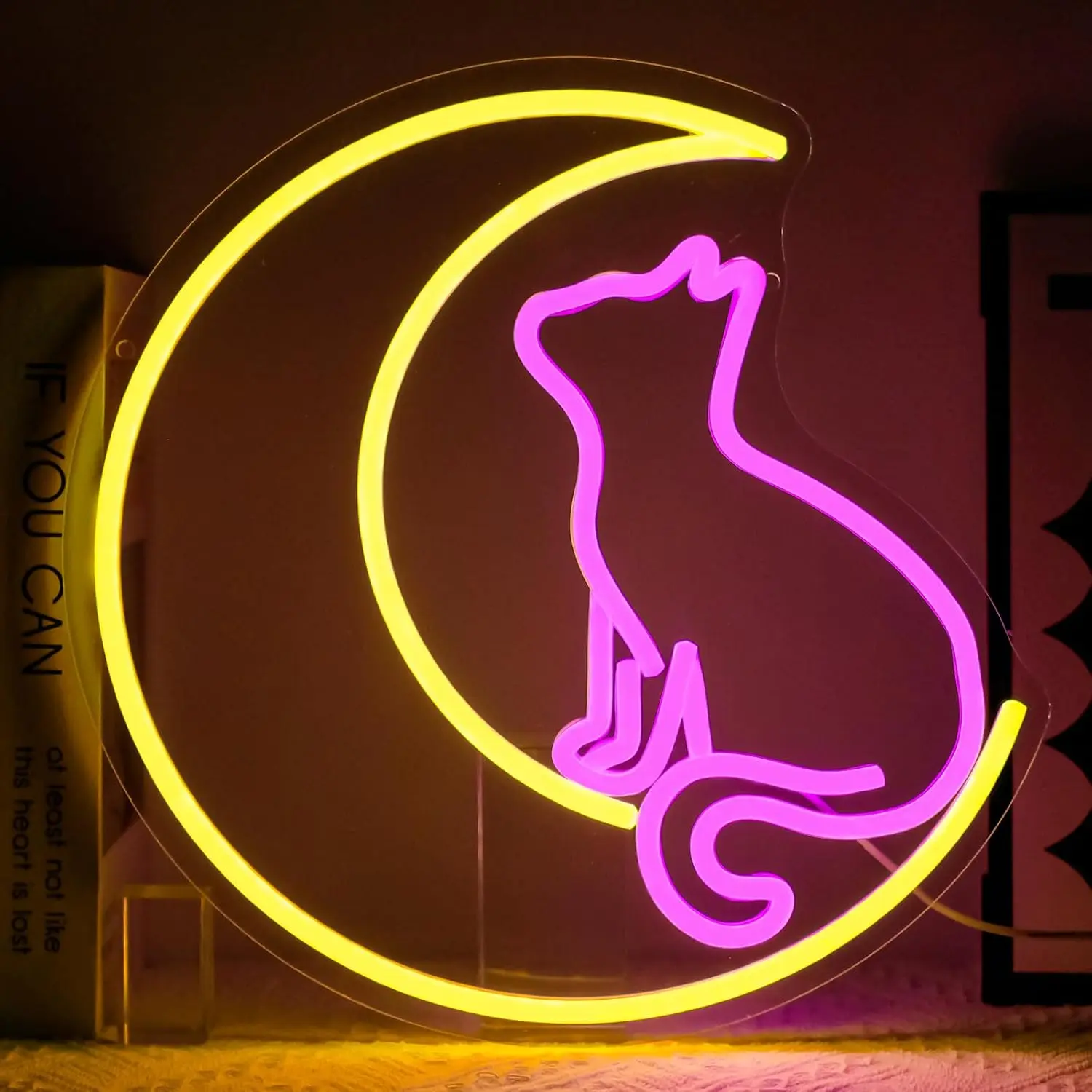 Dimmable Moon Cats Neon Sign - Modern Flexible LED Indoor Wall Decor, Cute Yellow Religious Home Supply Accent for Girls' Room Decor, Ideal for Indoor Use