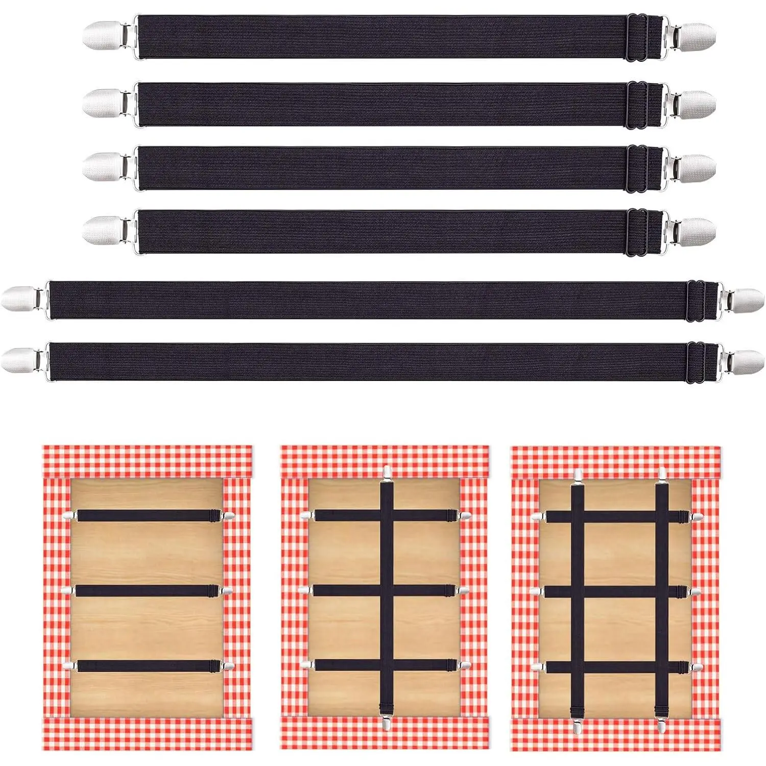 6 count Tablecloth Holder Clips Strap, Adjustable Elasticity Picnic Tablecloth Clip  for Tables Bench Cover Picnic Party Camping Black