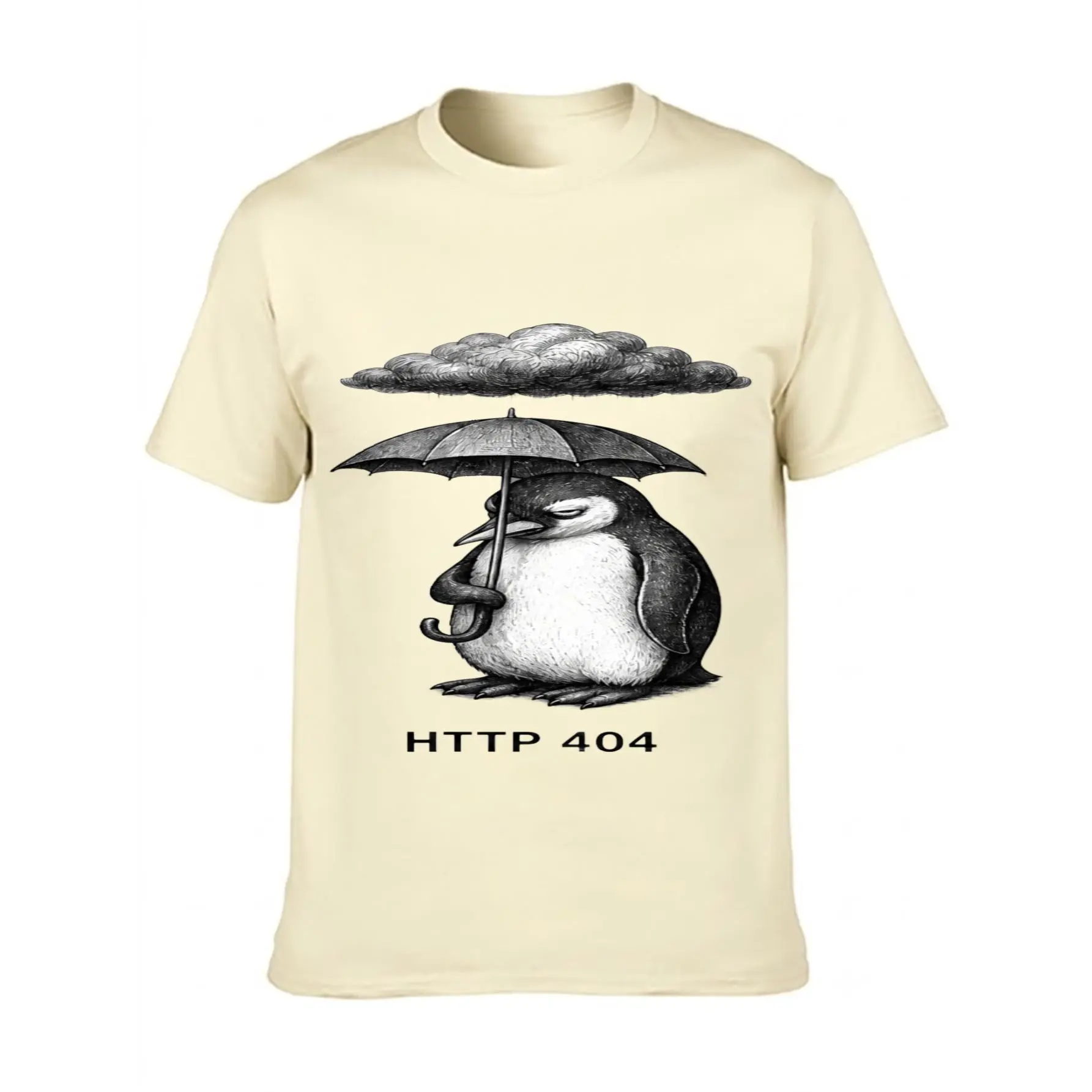 Heavyweight Unisex Cotton T-Shirt, Street Style Clothing, Loose Fit Apparel, Penguin With Umbrella And Cloud HTTP 404 Graphic, Screen Printed Design, For Tech Enthusiasts And Casual Wear