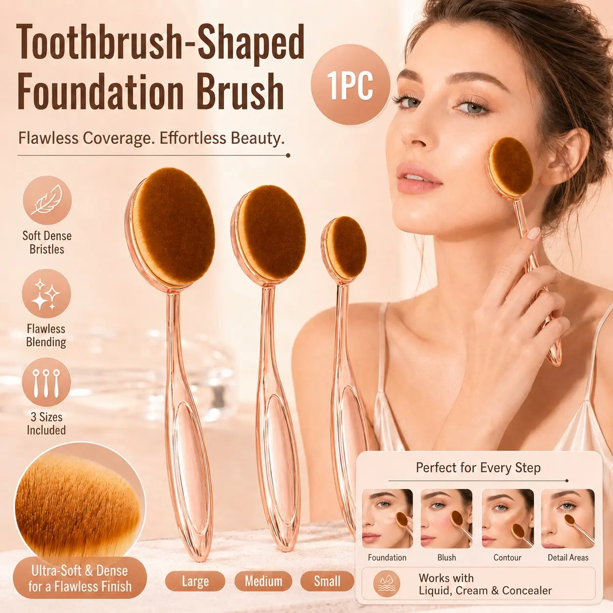 Toothbrush Shaped Foundation Brush Set, High Density Soft Bristles, Flawless Blending, Makeup Brushes for Foundation, Concealer, Blush, Contour