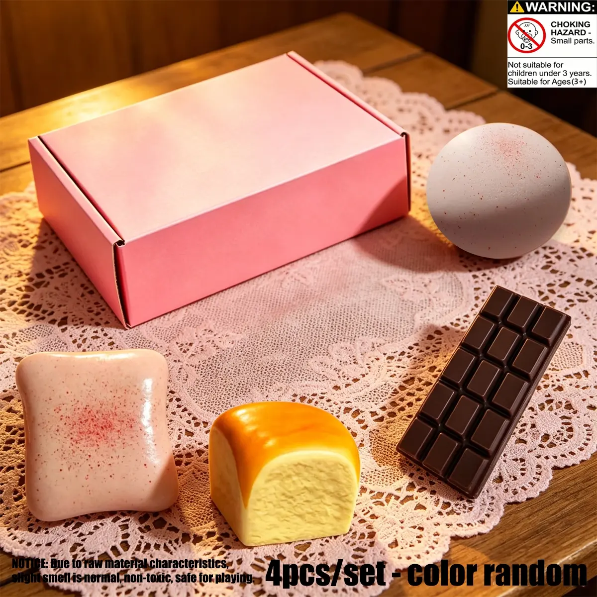 4-piece Set - Surprise Simulation Bread and Other Styles Pinch and Squeeze Toy Set, Relieve Stress, Creatively Release Slow Bounce Clips, Party Gifts, Soft Squeeze Toys