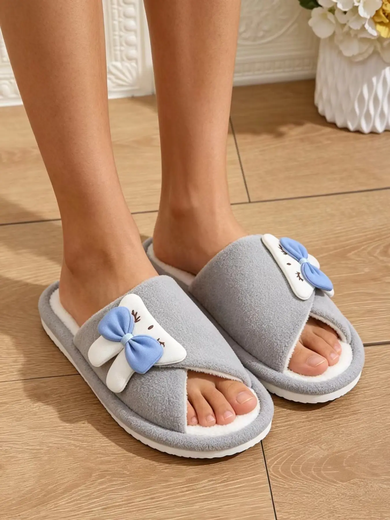Women's Velcro Rabbit Bow Open-Toe Plush Slippers, Soft Sole Non-Slip Indoor Warm Home Shoes, Fall Winter Casual Footwear