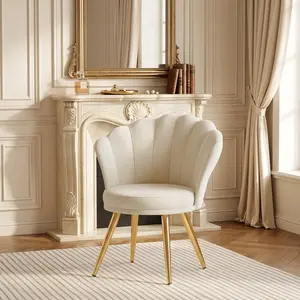 White Shell Shaped Velvet Accent Chair with Gold Metal Legs, Upholstered Vanity Makeup Chair, Ergonomic Side Guest Chair for Bedroom Living Room Entryway Home Decor