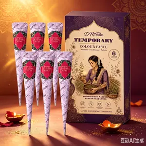 DM 6pcs herbal henna tattoo cone gift set with mild plant formula, smooth easy-color paste. Waterproof sweatproof patterns fade naturally without stabbing, portable DIY body art kit for travel photos and party styling.