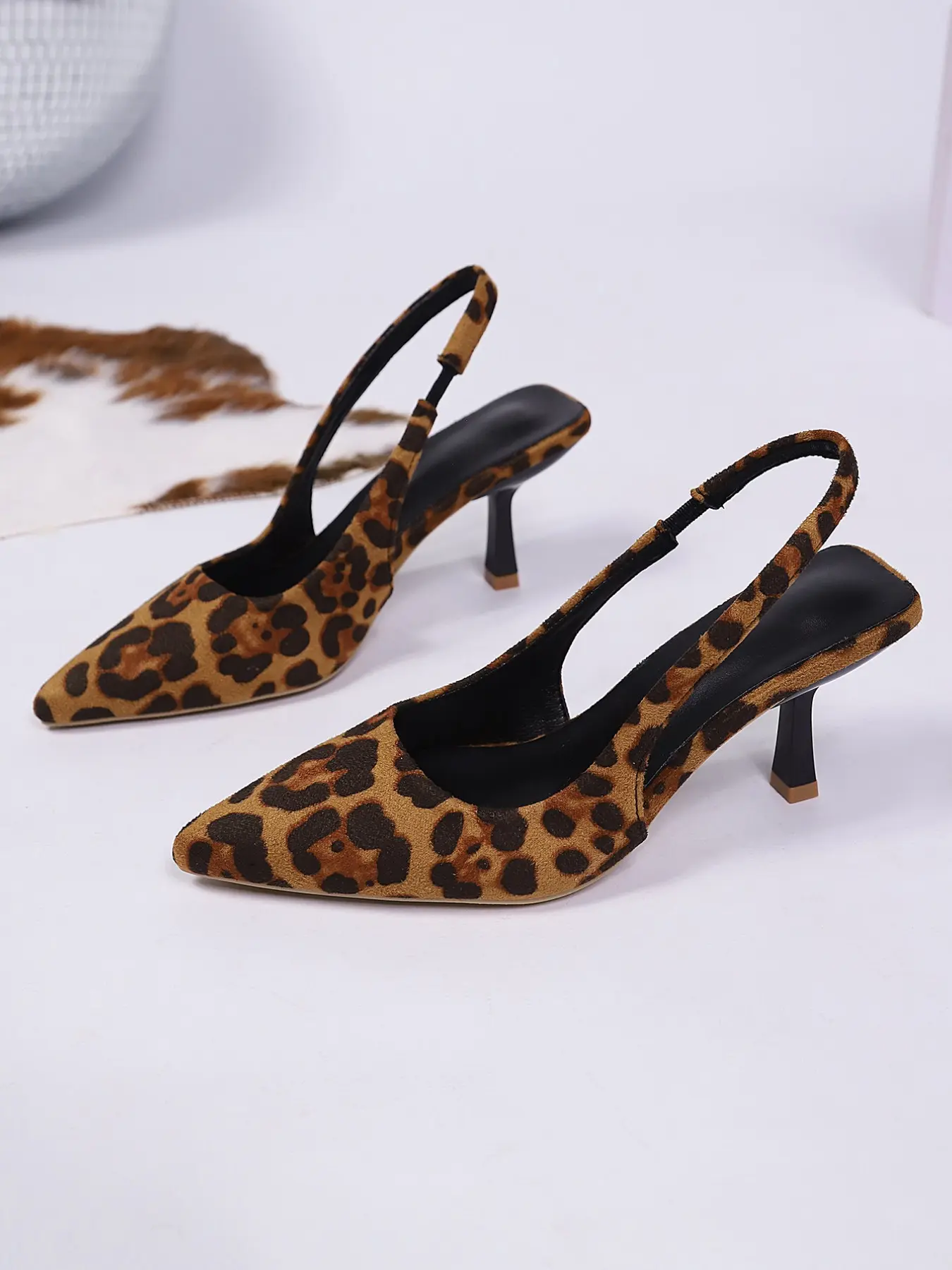 Women's Leopard Print Faux Suede Pointed Toe Elastic Slingback Kitten Heel Sandals Soft Contoured Cushioned Insole Slip On Elegant Daily Party Footwear Classic Leopard