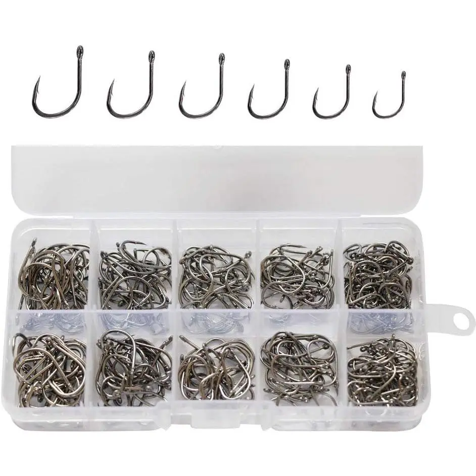300pcs Small Fishing Hooks Black High Carbon Fishing Hooks Set 6 Sizes with a Plastic Box